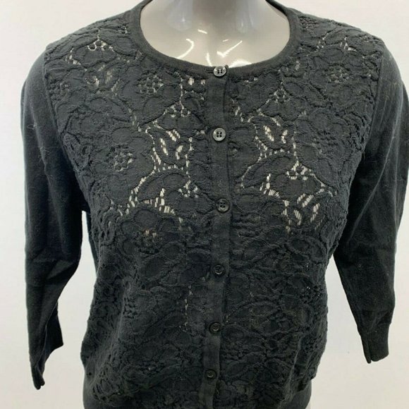 VanHeusen Studio Women's sweater Large Black Lace Crochet Front 3/4 Sleeve - Picture 1 of 4